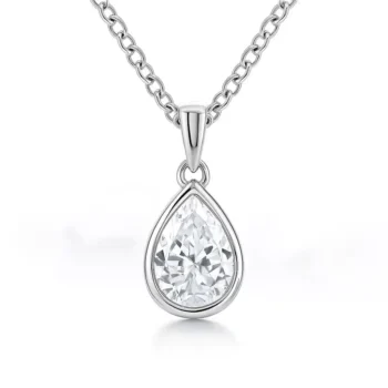 Front view of pear-shaped solitaire lab-grown diamond pendant in bezel setting on white gold chain