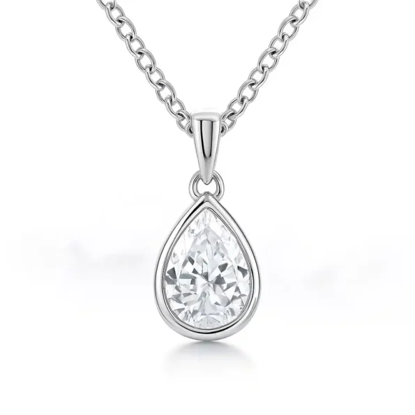 Front view of pear-shaped solitaire lab-grown diamond pendant in bezel setting on white gold chain
