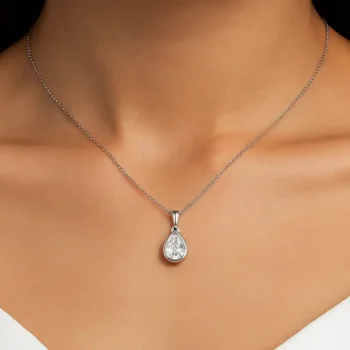 Elegant pear-shaped lab diamond pendant necklace displayed on woman in white dress