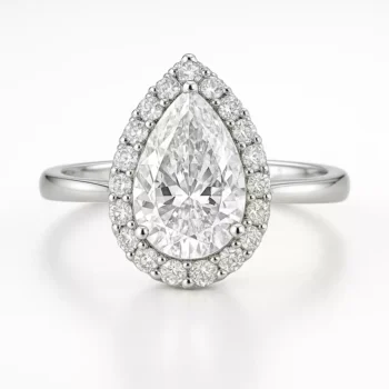Pear cut halo lab diamond engagement ring in 18K white gold with pavé band – front angle view