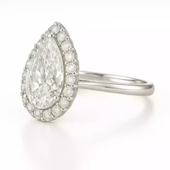 Side profile of pear shaped halo lab diamond ring with pavé setting in 18K white gold