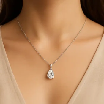 Elegant pear cut solitaire lab diamond necklace worn by model in v-neck outfit