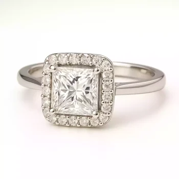Princess cut lab diamond halo engagement ring in white gold with round diamond accents.
