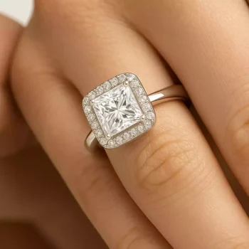 Princess cut halo diamond ring on finger showing brilliance and dimension.