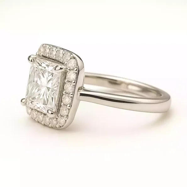 Profile view of princess diamond halo ring with pavé halo and solitaire shank.