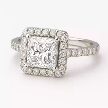 Front view of a princess cut lab-grown diamond halo engagement ring in white gold