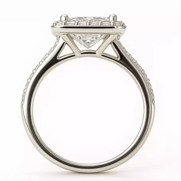 Back view of princess cut diamond halo engagement ring showcasing under-gallery design