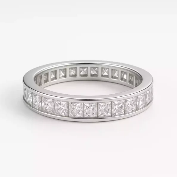 3.5mm princess cut lab-grown diamond eternity band ring in white gold – angled view on white background