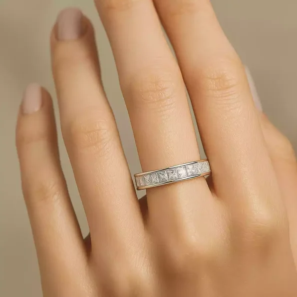 White gold princess cut diamond full eternity band ring worn on hand – side view for real-life fit