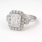 Radiant cut lab-grown diamond halo engagement ring in white gold – front view