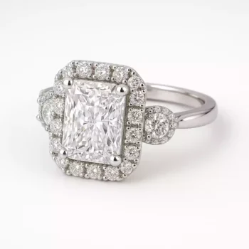 Radiant cut lab-grown diamond halo engagement ring in white gold – front view