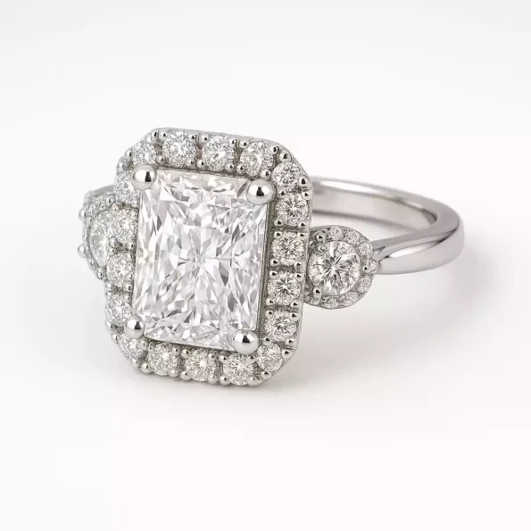 Radiant cut lab-grown diamond halo engagement ring in white gold – front view
