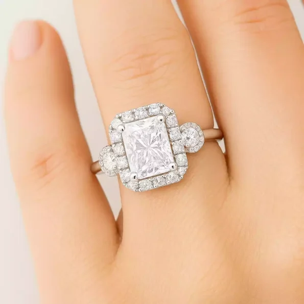 Radiant cut lab diamond halo ring on woman's hand – elegant engagement jewelry