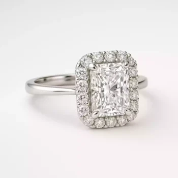 Radiant cut halo lab grown diamond engagement ring in white gold
