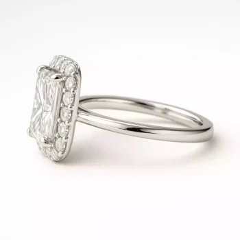 Side profile of radiant cut lab diamond halo ring with slim white gold band