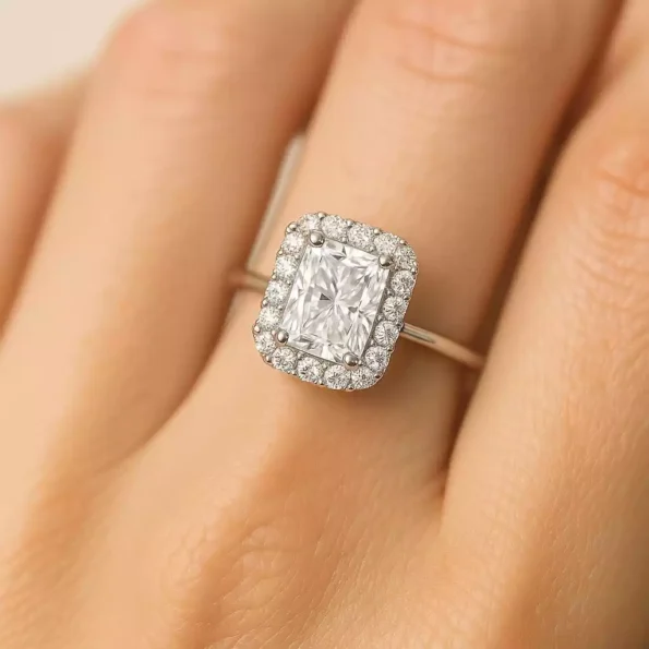 Radiant cut halo diamond engagement ring on finger for scale and fit