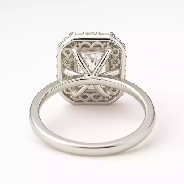 Back view of radiant cut lab diamond halo ring with detailed white gold gallery