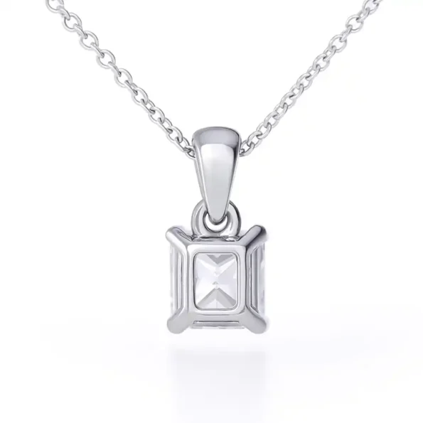 Close-up back view of radiant cut diamond pendant with secure prong setting in white gold.
