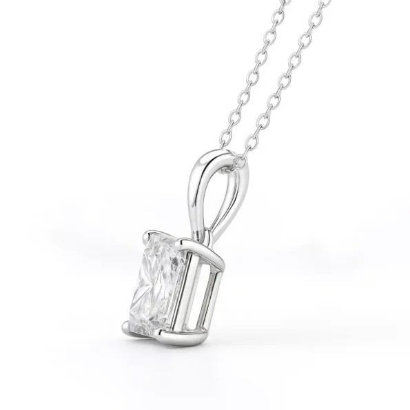 Side angle of radiant cut lab diamond pendant showcasing depth and prong setting in white gold.
