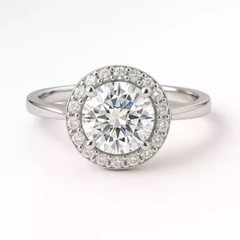 Round cut lab-grown diamond halo engagement ring in white gold – front view showcasing brilliant sparkle and modern elegance.