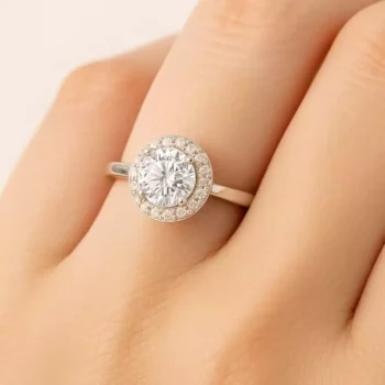 Round halo lab diamond ring in white gold displayed on finger – minimalist band with dazzling halo setting.