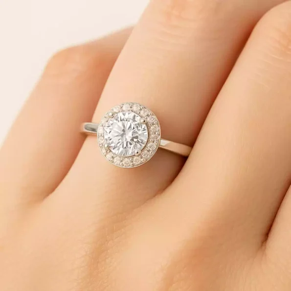 Round halo lab diamond ring in white gold displayed on finger – minimalist band with dazzling halo setting.