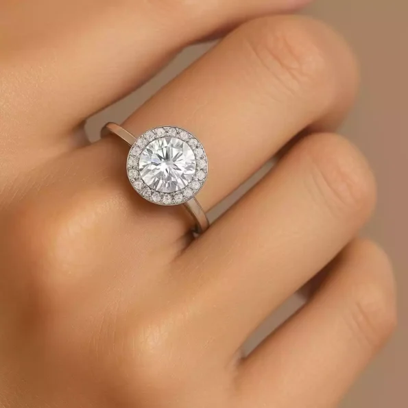 Round halo lab diamond ring in white gold displayed on finger – minimalist band with dazzling halo setting.