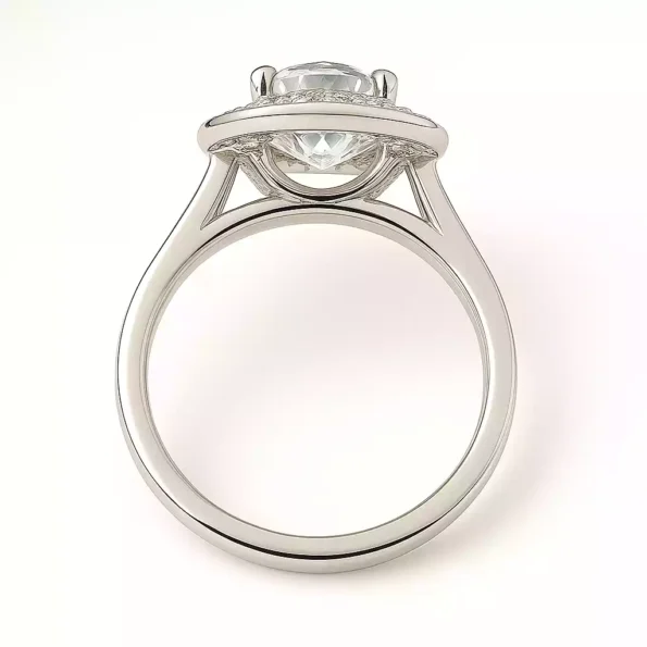 Rear view of round halo lab-grown diamond ring in white gold with intricate under-gallery and basket setting.