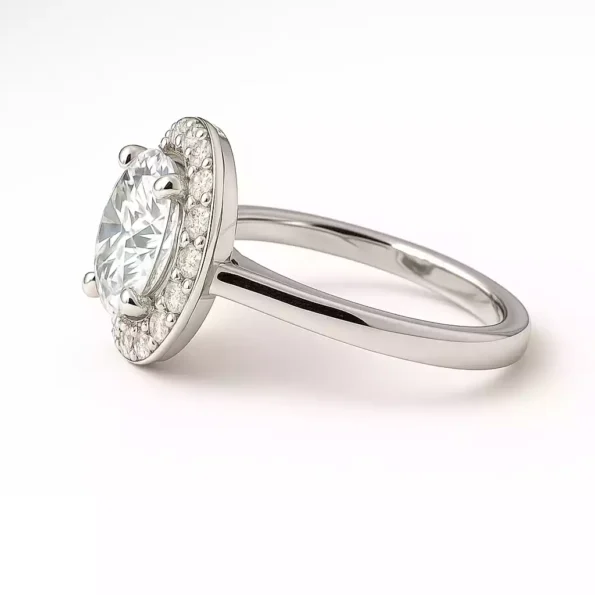 Side profile of round cut diamond halo engagement ring in white gold – raised setting and polished slim band.