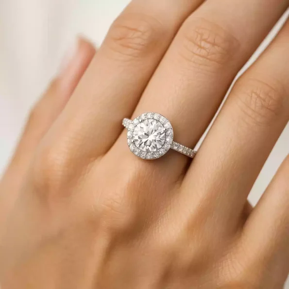 Round Lab Diamond Halo Engagement Ring on Hand – 1.50 Carat CVD Diamond in White Gold