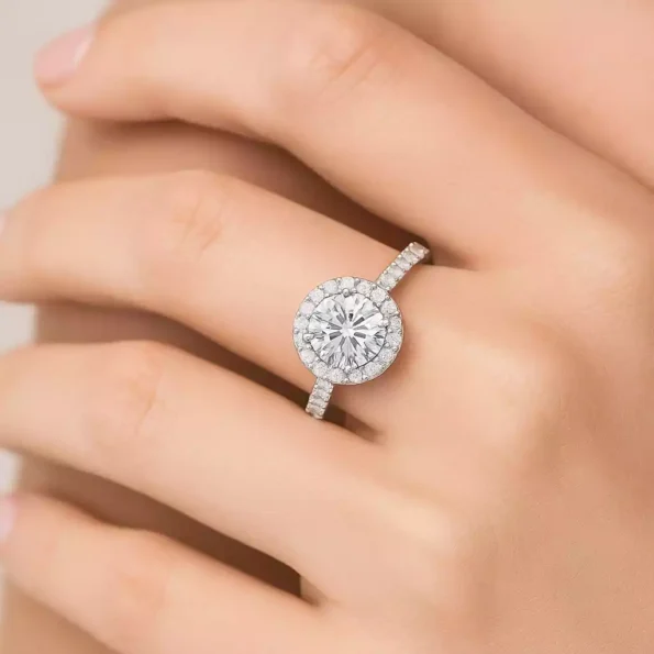 Round Lab Diamond Halo Engagement Ring on Hand – 1.50 Carat CVD Diamond in White Gold