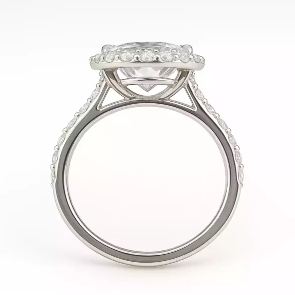 Side View of Round Lab Grown Diamond Halo Ring with Cathedral Setting in White Gold