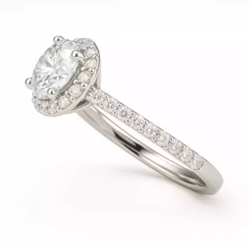 Angled Close-up of Round Halo Diamond Engagement Ring with Pave Band in White Gold