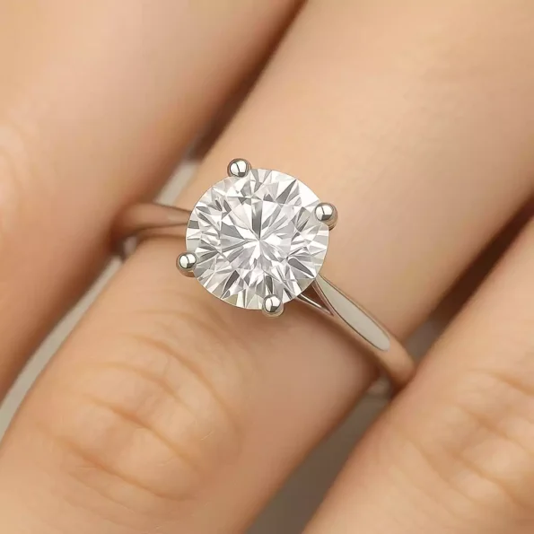 Round cut lab diamond engagement ring on woman's hand – timeless solitaire setting in white gold