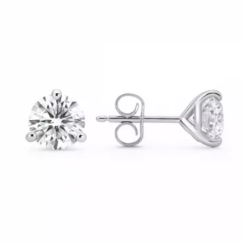 Side and front view of round cut lab-grown diamond stud earrings in 14K white gold with push-back posts