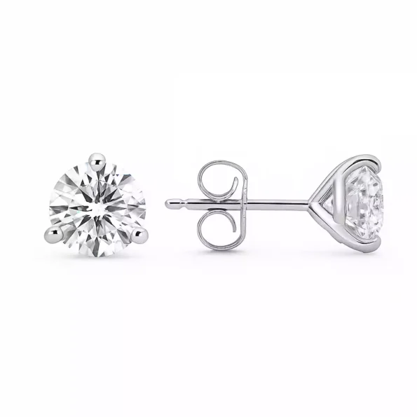 Side and front view of round cut lab-grown diamond stud earrings in 14K white gold with push-back posts