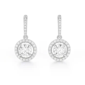 Front view of round drop earrings with center lab-grown diamond surrounded by a halo of small diamonds in white gold