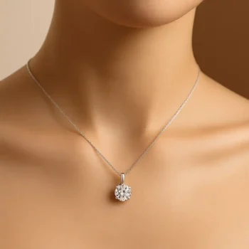 Elegant round lab diamond pendant necklace worn on neck – solitaire diamond jewelry for women