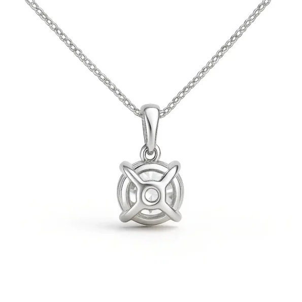 Back side of round lab grown diamond solitaire pendant in white gold setting