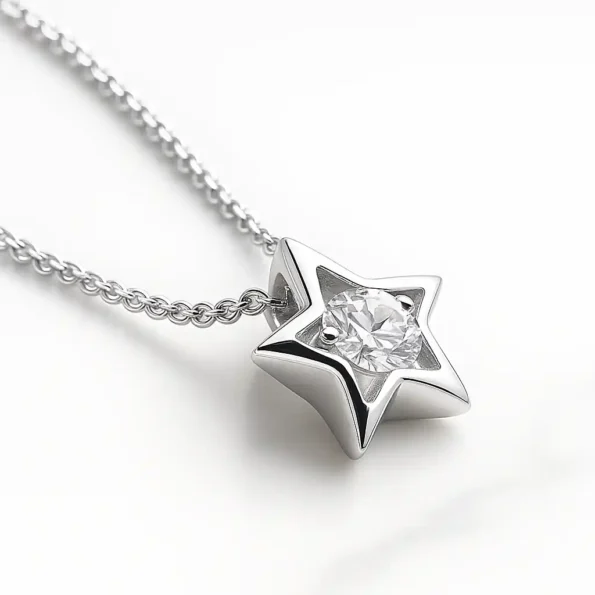 Close-up of 14k white gold star pendant with round lab-grown diamond center and polished finish