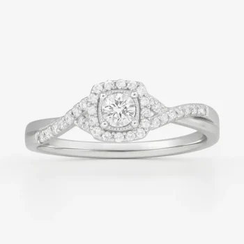 Round Cut Halo Diamond Engagement Ring with Twisted Pave Shank in White Gold