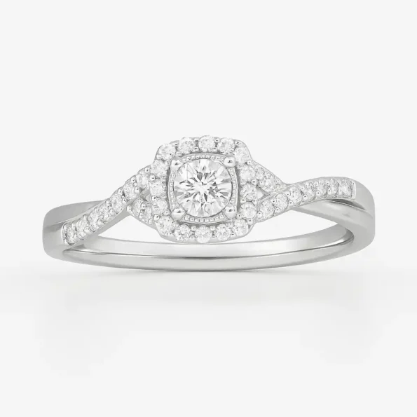 Round Cut Halo Diamond Engagement Ring with Twisted Pave Shank in White Gold