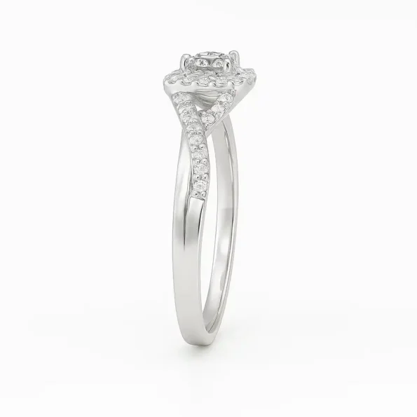 Side Profile of Halo Diamond Engagement Ring with Criss-Cross Pave Shank in White Gold