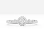 Front view of round halo diamond ring with alternating marquise and princess cut side diamonds
