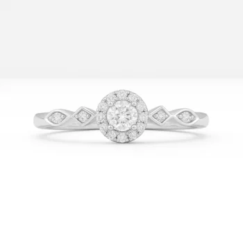 Front view of round halo diamond ring with alternating marquise and princess cut side diamonds
