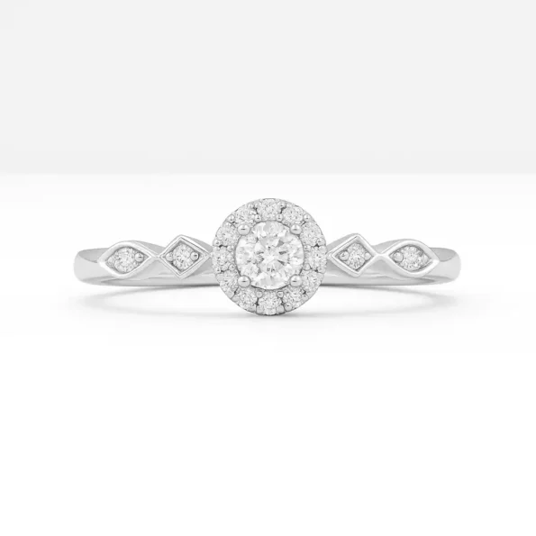 Front view of round halo diamond ring with alternating marquise and princess cut side diamonds