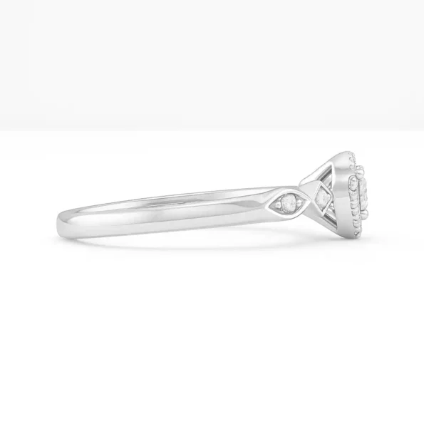 Side view of white gold diamond engagement ring with unique marquise and square accents