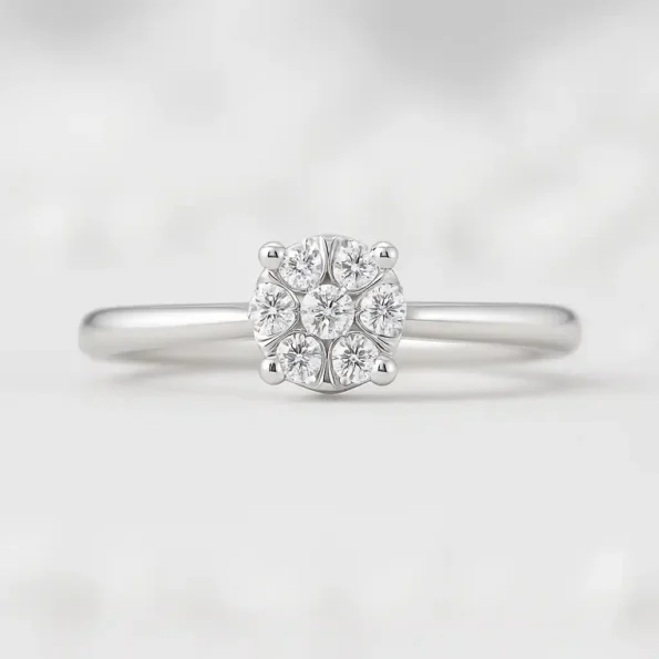 Front view of round cluster diamond ring in white gold with brilliant cut lab-grown diamonds