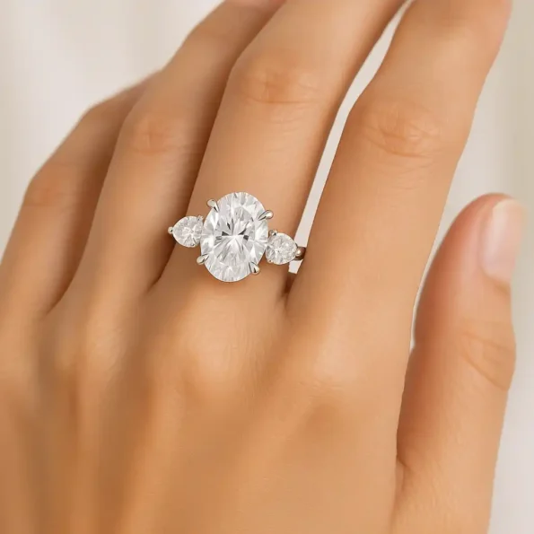 Three-stone oval lab-grown diamond ring with pear accents on woman’s hand – engagement ring style