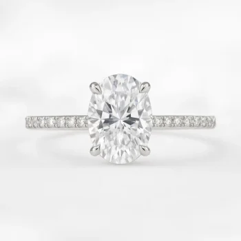 Oval cut lab grown diamond engagement ring with pavé band in white gold - front view